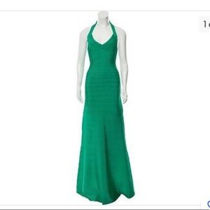 HERVE LEGER Green Reanne Halter Bandage Gown Dress RRP $1,622